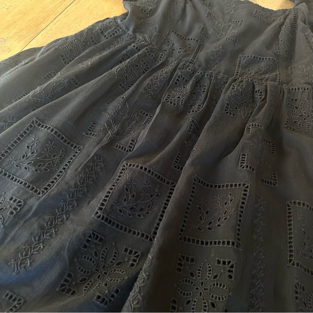 Johnny Was Eyelet Mini Dress Tonal Black Cotton Silk Embroidered Puff Sleeve M - Picture 9 of 11